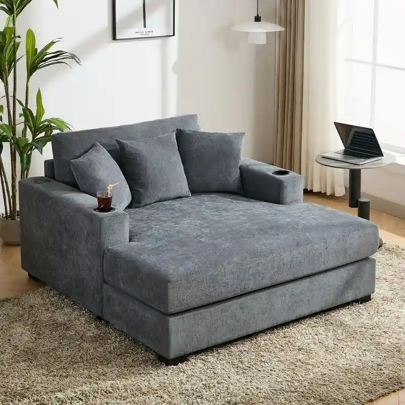 Chenille Fabric Oversized Chaise Lounger, 39.7/43.5/55 Chair Bed Sofa Couch with Pillows, Charge Station & Cup Holders