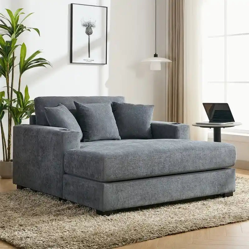 Übergroße Chaiselongue aus Chenille, 39.7/43.5/55 Stuhl-Bett-Sofa mit Kissen, Ladestation und Getränkehaltern