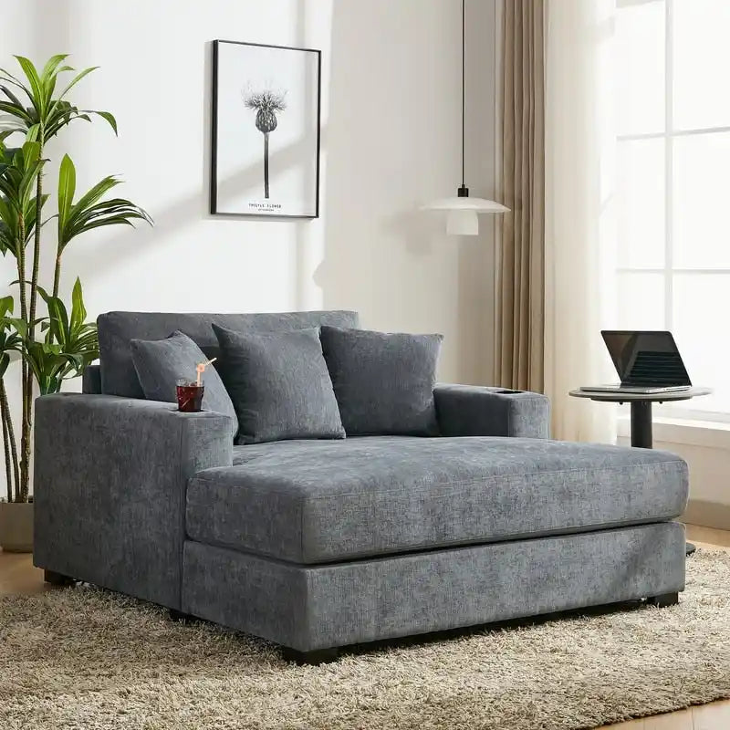 Übergroße Chaiselongue aus Chenille, 39.7/43.5/55 Stuhl-Bett-Sofa mit Kissen, Ladestation und Getränkehaltern