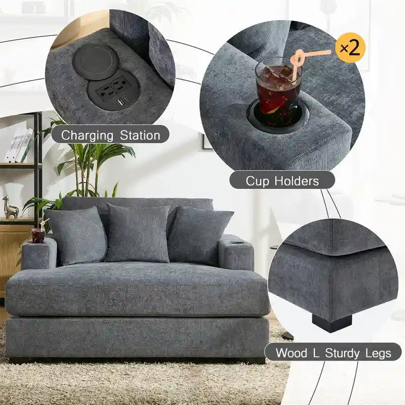 Übergroße Chaiselongue aus Chenille, 39.7/43.5/55 Stuhl-Bett-Sofa mit Kissen, Ladestation und Getränkehaltern