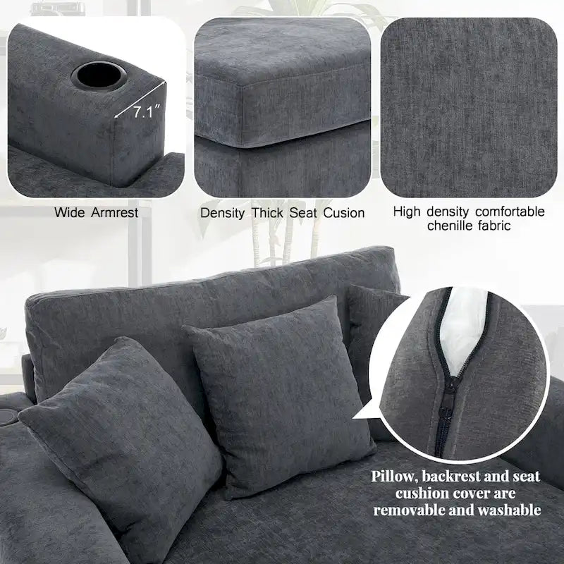 Übergroße Chaiselongue aus Chenille, 39.7/43.5/55 Stuhl-Bett-Sofa mit Kissen, Ladestation und Getränkehaltern
