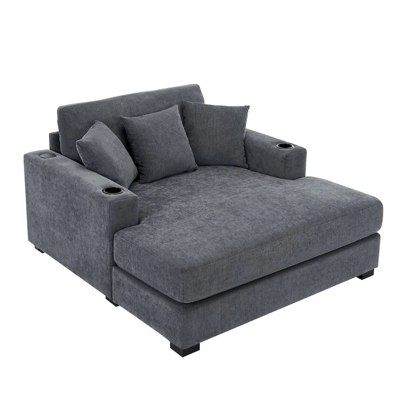 Übergroße Chaiselongue aus Chenille, 39.7/43.5/55 Stuhl-Bett-Sofa mit Kissen, Ladestation und Getränkehaltern