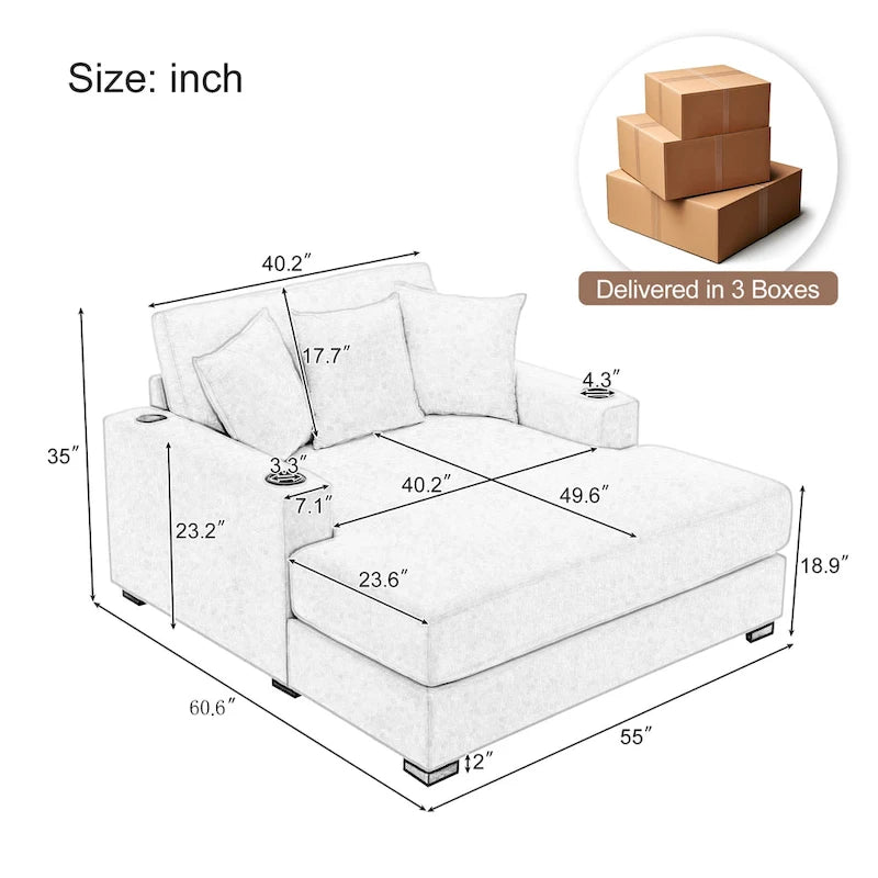 Übergroße Chaiselongue aus Chenille, 39.7/43.5/55 Stuhl-Bett-Sofa mit Kissen, Ladestation und Getränkehaltern