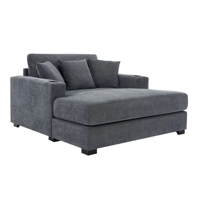 Übergroße Chaiselongue aus Chenille, 39.7/43.5/55 Stuhl-Bett-Sofa mit Kissen, Ladestation und Getränkehaltern