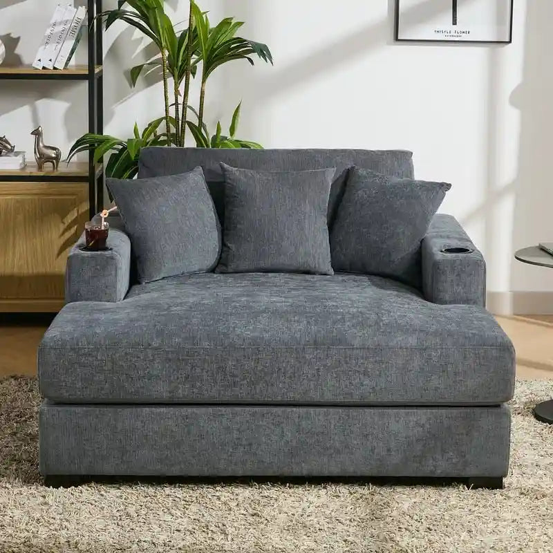 Übergroße Chaiselongue aus Chenille, 39.7/43.5/55 Stuhl-Bett-Sofa mit Kissen, Ladestation und Getränkehaltern