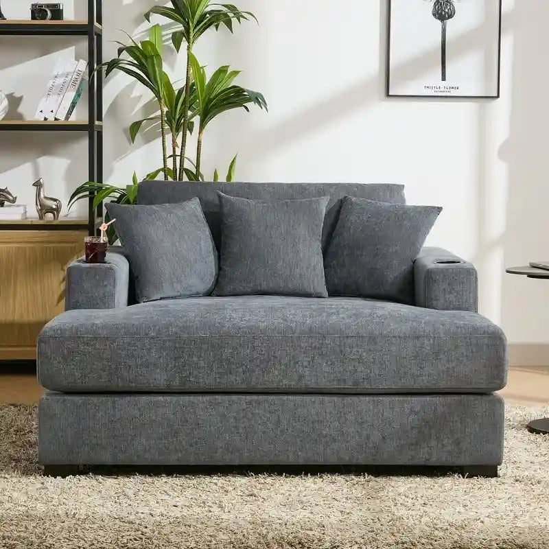 Übergroße Chaiselongue aus Chenille, 39.7/43.5/55 Stuhl-Bett-Sofa mit Kissen, Ladestation und Getränkehaltern