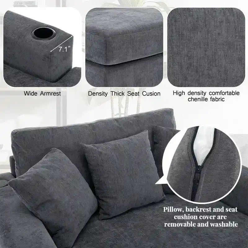 Übergroße Chaiselongue aus Chenille, 39.7/43.5/55 Stuhl-Bett-Sofa mit Kissen, Ladestation und Getränkehaltern