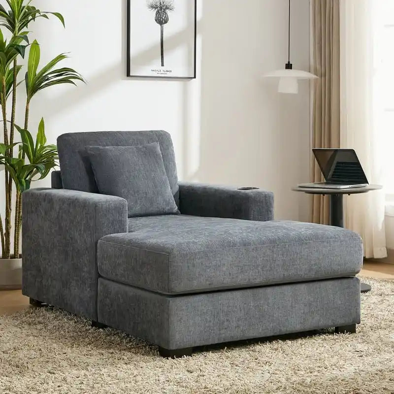 Übergroße Chaiselongue aus Chenille, 39.7/43.5/55 Stuhl-Bett-Sofa mit Kissen, Ladestation und Getränkehaltern