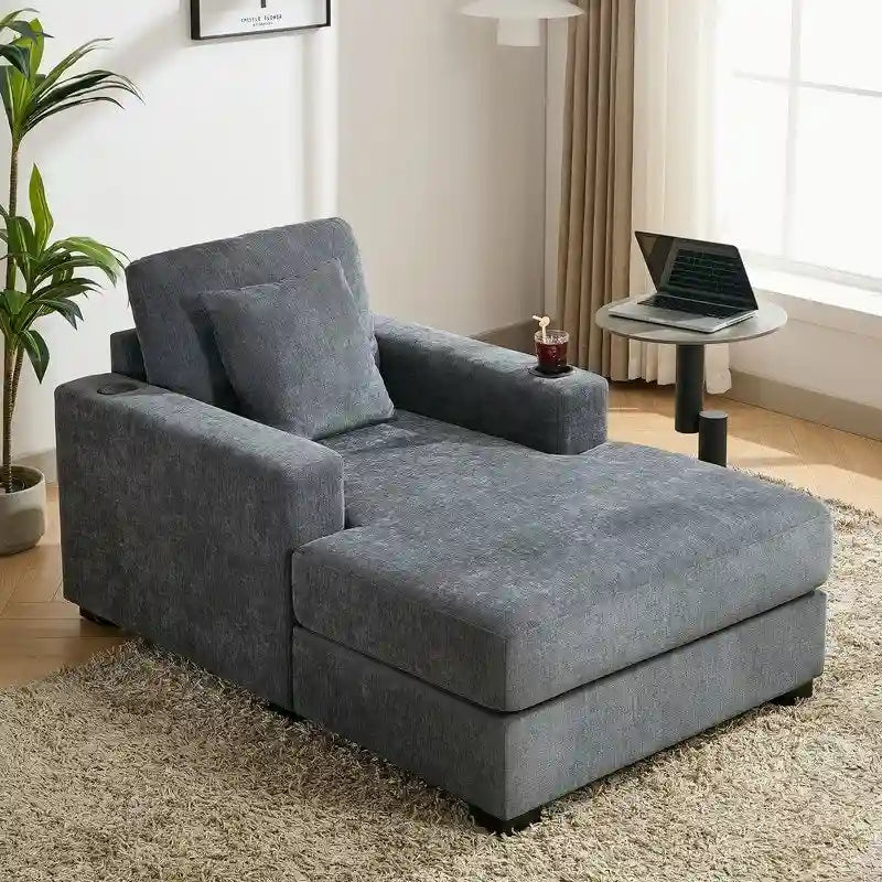 Übergroße Chaiselongue aus Chenille, 39.7/43.5/55 Stuhl-Bett-Sofa mit Kissen, Ladestation und Getränkehaltern