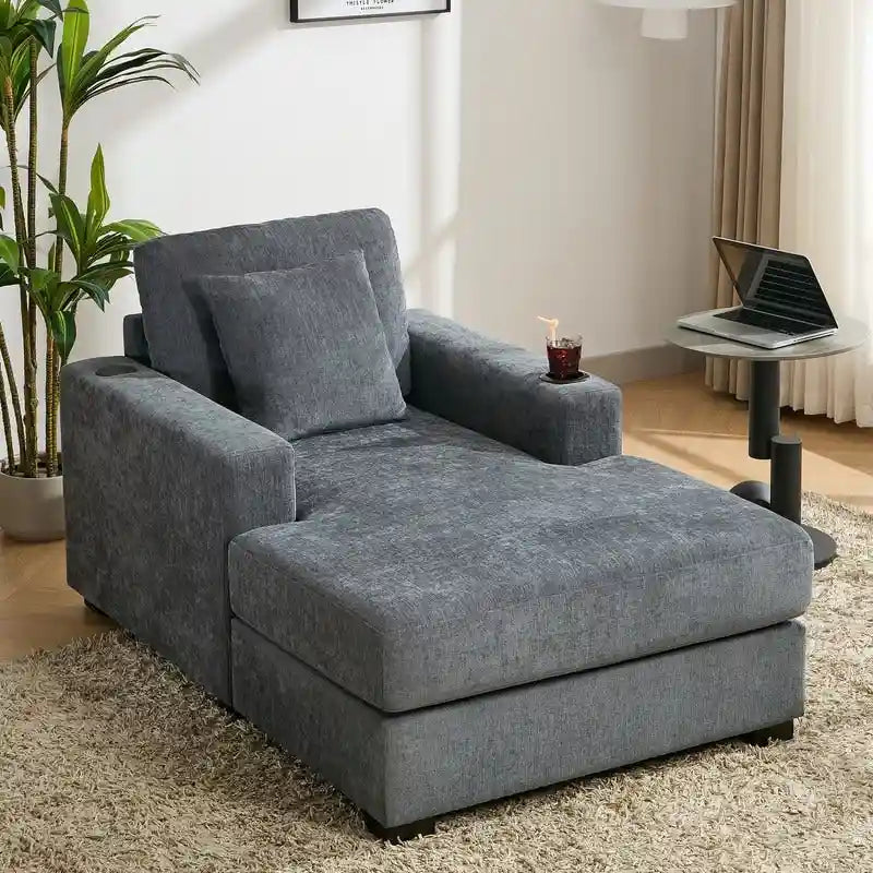 Übergroße Chaiselongue aus Chenille, 39.7/43.5/55 Stuhl-Bett-Sofa mit Kissen, Ladestation und Getränkehaltern