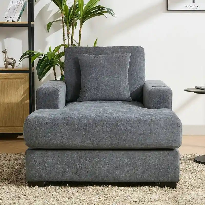 Übergroße Chaiselongue aus Chenille, 39.7/43.5/55 Stuhl-Bett-Sofa mit Kissen, Ladestation und Getränkehaltern