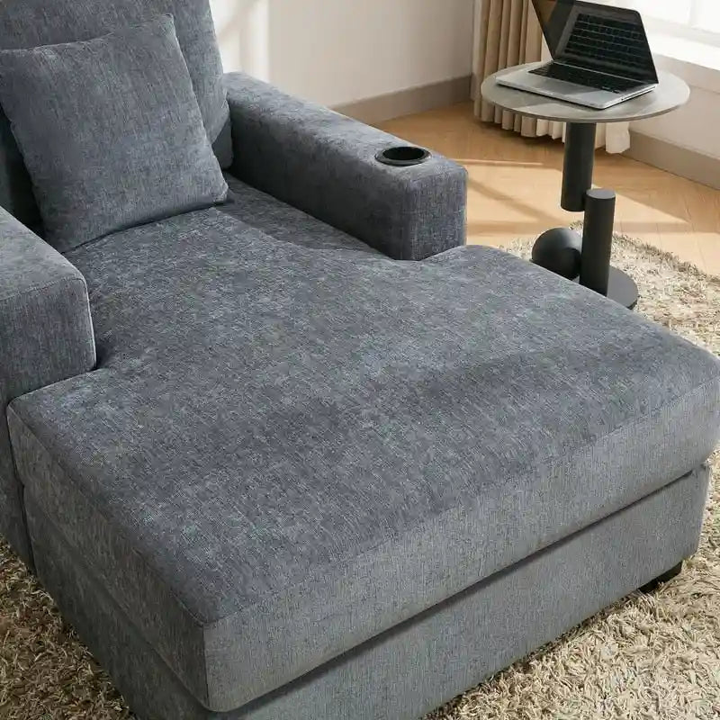 Übergroße Chaiselongue aus Chenille, 39.7/43.5/55 Stuhl-Bett-Sofa mit Kissen, Ladestation und Getränkehaltern