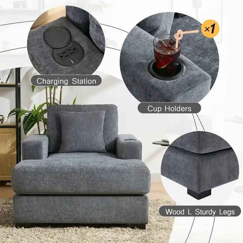 Übergroße Chaiselongue aus Chenille, 39.7/43.5/55 Stuhl-Bett-Sofa mit Kissen, Ladestation und Getränkehaltern