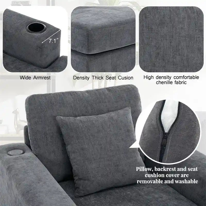 Übergroße Chaiselongue aus Chenille, 39.7/43.5/55 Stuhl-Bett-Sofa mit Kissen, Ladestation und Getränkehaltern