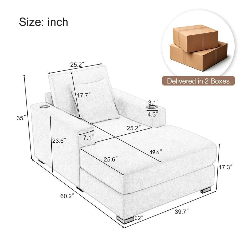 Übergroße Chaiselongue aus Chenille, 39.7/43.5/55 Stuhl-Bett-Sofa mit Kissen, Ladestation und Getränkehaltern
