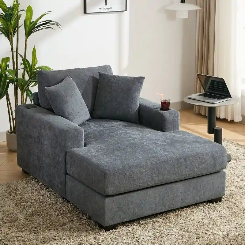 Übergroße Chaiselongue aus Chenille, 39.7/43.5/55 Stuhl-Bett-Sofa mit Kissen, Ladestation und Getränkehaltern