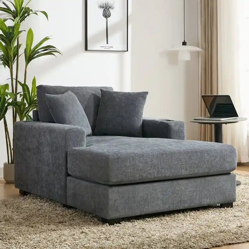 Übergroße Chaiselongue aus Chenille, 39.7/43.5/55 Stuhl-Bett-Sofa mit Kissen, Ladestation und Getränkehaltern