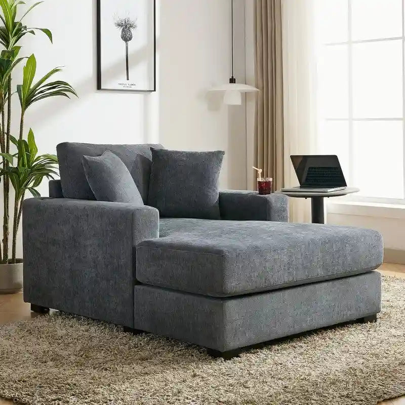 Übergroße Chaiselongue aus Chenille, 39.7/43.5/55 Stuhl-Bett-Sofa mit Kissen, Ladestation und Getränkehaltern