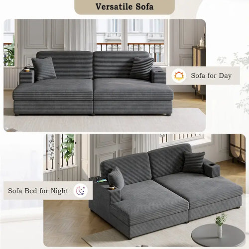 Sofa z szezlongiem i funkcją spania z sztruksu, 86.5, z portami USB, uchwytami na kubki i 8 grubymi poduszkami