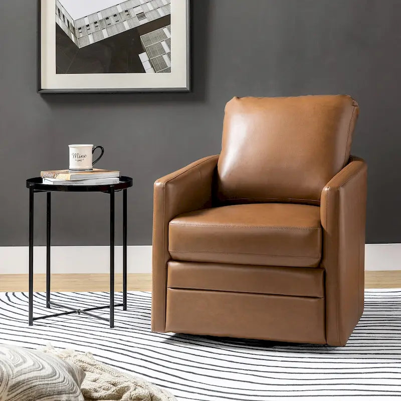 Fauteuil d'appoint baril pivotant de style transitionnel en similicuir avec base en métal
