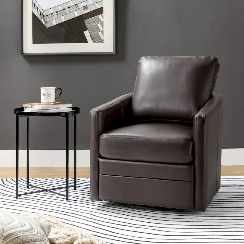 Fauteuil d'appoint baril pivotant de style transitionnel en similicuir avec base en métal