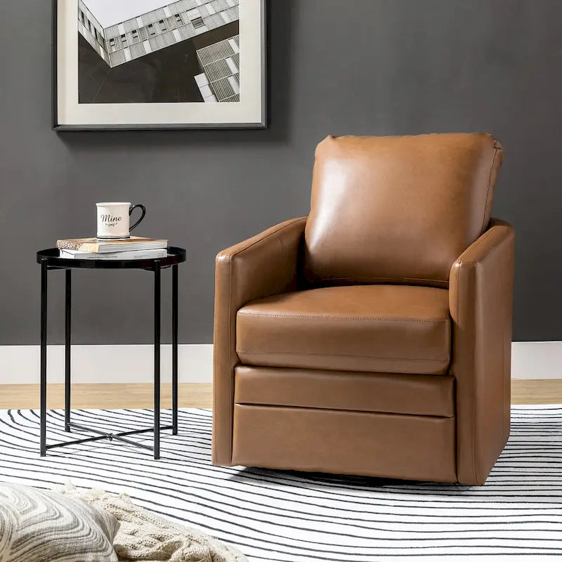 Terrance Transitional Swivel Faux Leather Barrel Accent Chair with Metal Base
