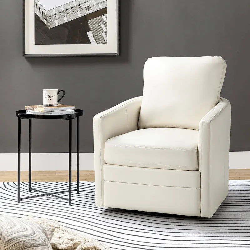 Fauteuil d'appoint baril pivotant de style transitionnel en similicuir avec base en métal