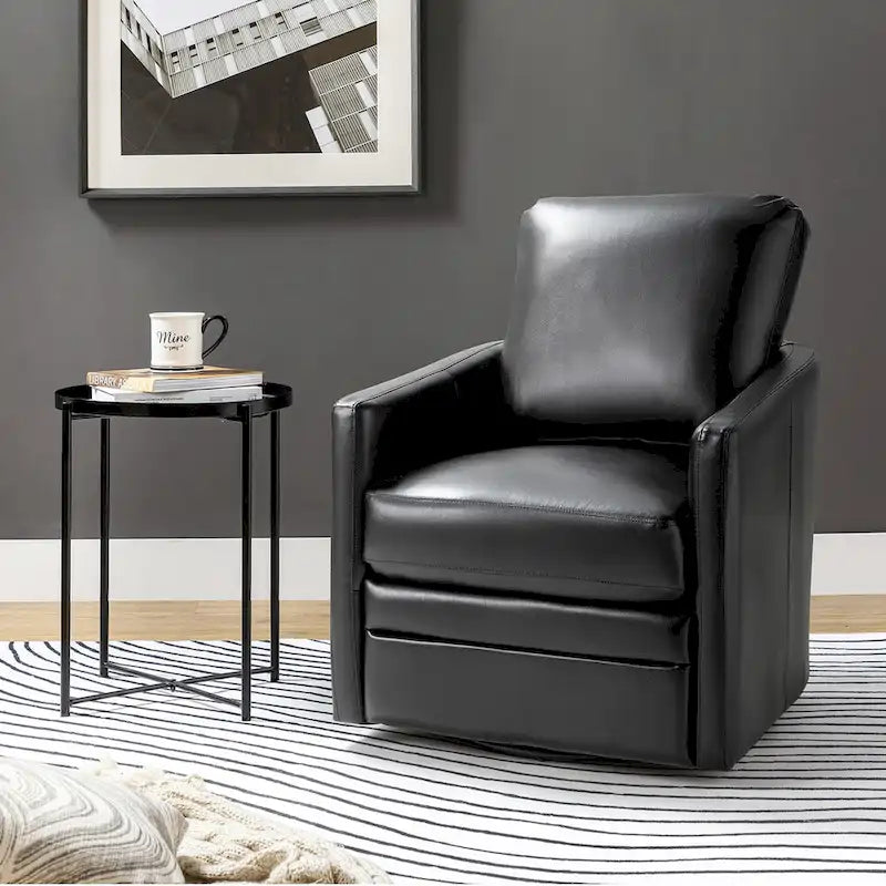 Transitional Swivel Faux Leather Barrel Accent Chair with Metal Base