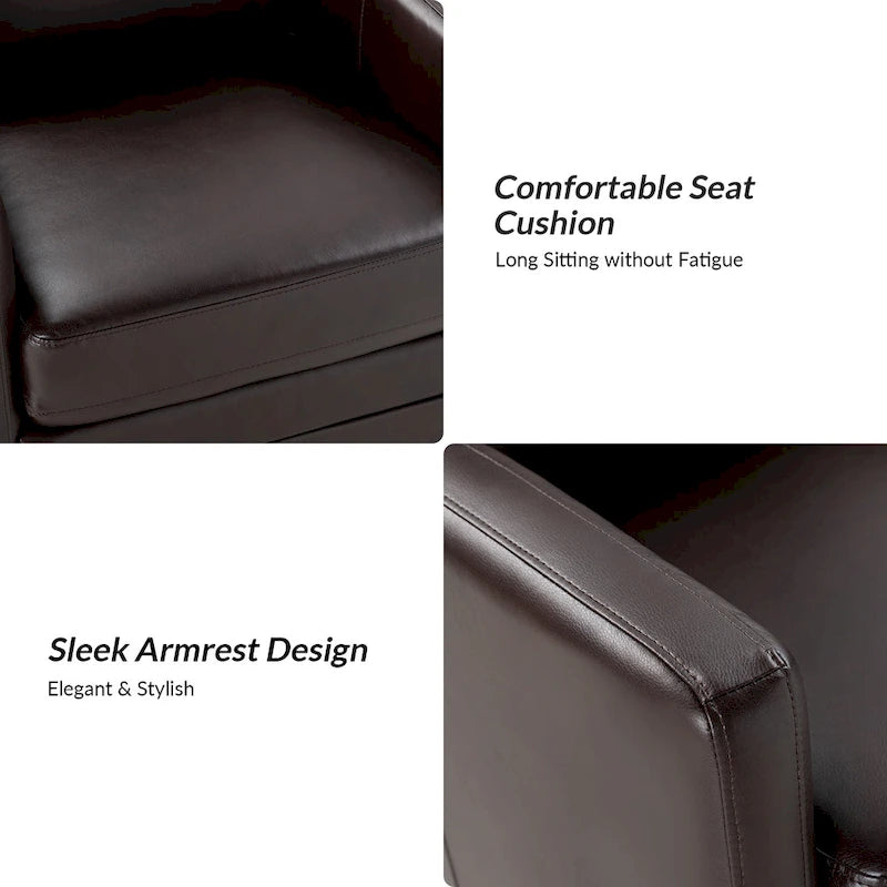 Transitional Swivel Faux Leather Barrel Accent Chair with Metal Base