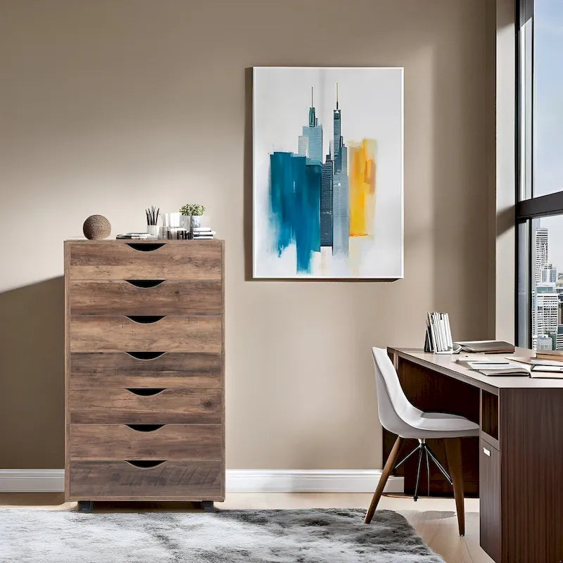 Caisson de classement de bureau roulant à 7 tiroirs, unité mobile de rangement de dossiers sous bureau avec roulettes pivotantes, rangement pour loisirs créatifs à la maison et au bureau