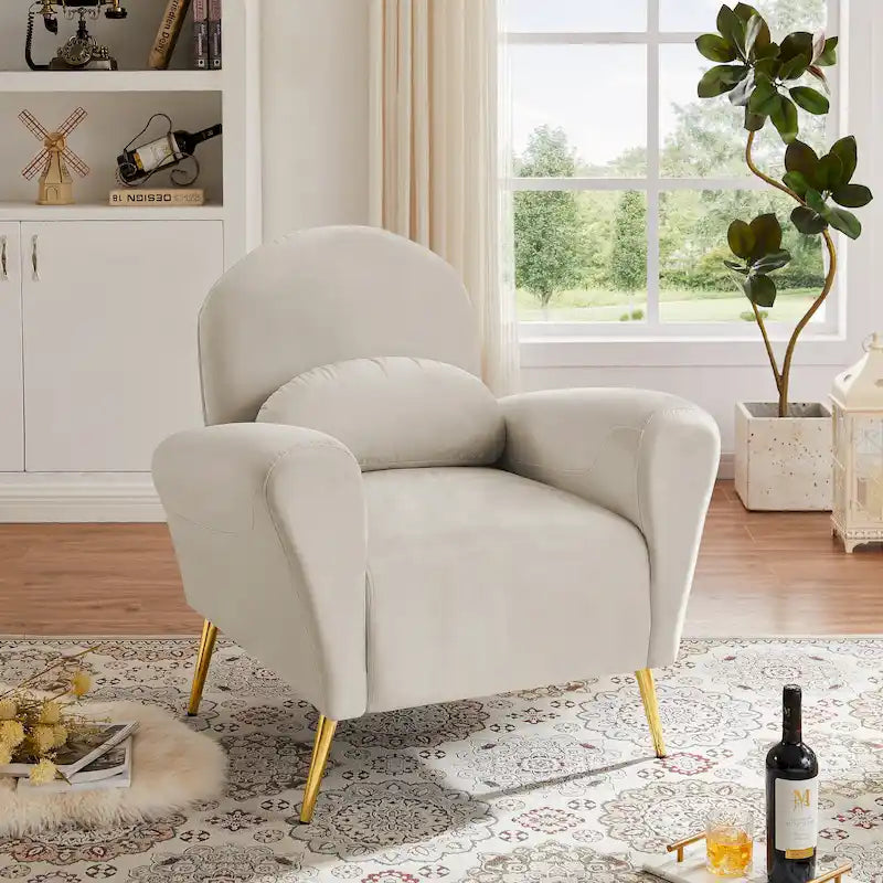 Fauteuil d'appoint moderne en velours, fauteuil rembourré confortable avec coussin et pieds en métal doré pour le salon