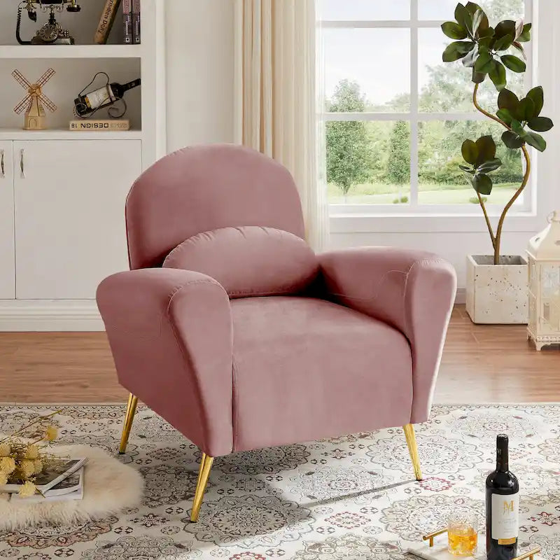 Fauteuil d'appoint moderne en velours, fauteuil rembourré confortable avec coussin et pieds en métal doré pour le salon