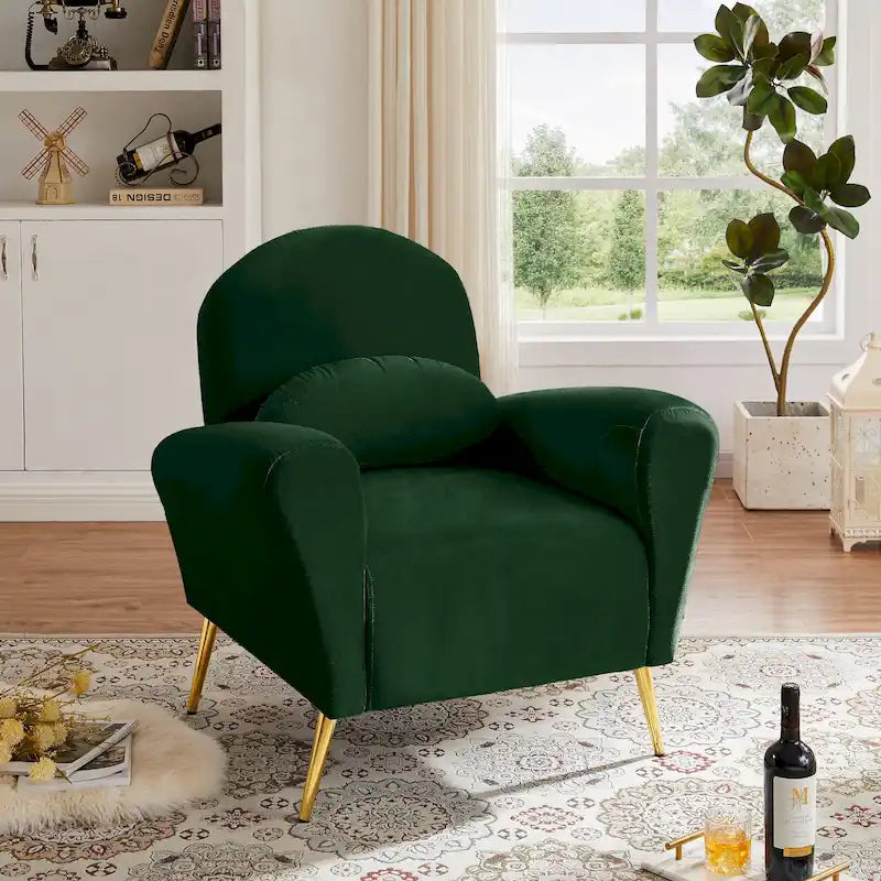 Fauteuil d'appoint moderne en velours, fauteuil rembourré confortable avec coussin et pieds en métal doré pour le salon