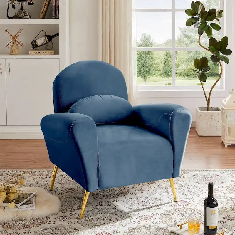 Fauteuil d'appoint moderne en velours, fauteuil rembourré confortable avec coussin et pieds en métal doré pour le salon