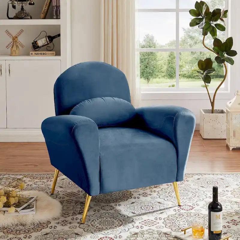 Fauteuil d'appoint moderne en velours, fauteuil rembourré confortable avec coussin et pieds en métal doré pour le salon