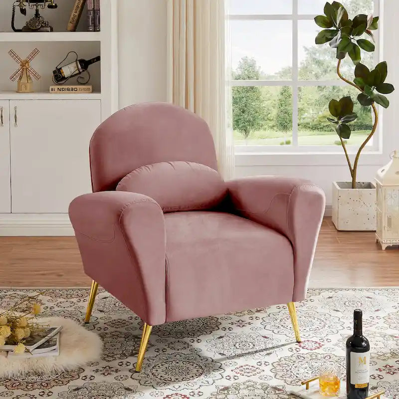 Fauteuil d'appoint moderne en velours, fauteuil rembourré confortable avec coussin et pieds en métal doré pour le salon