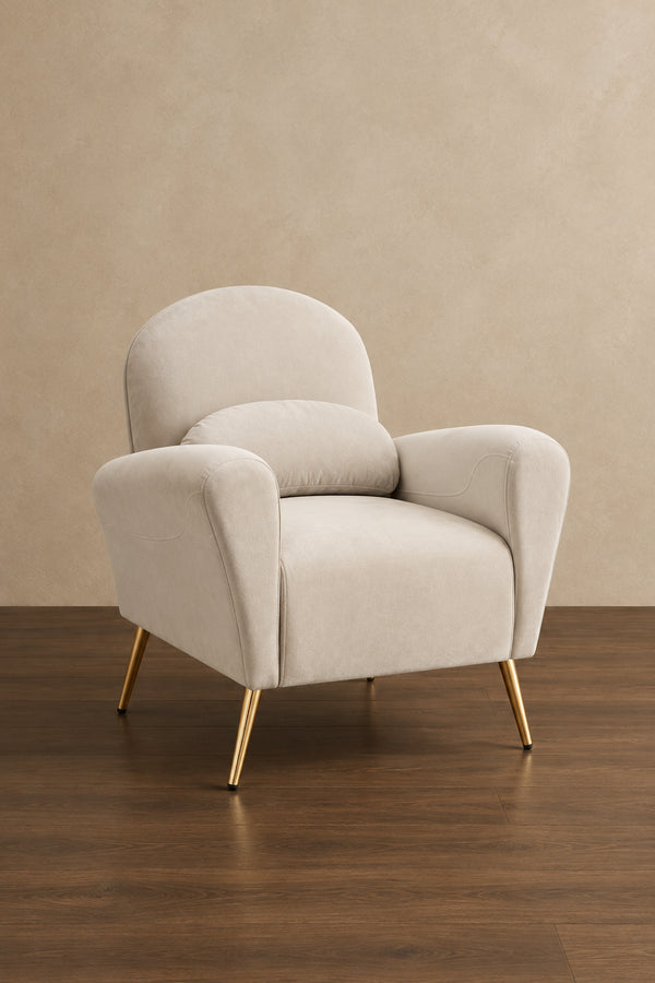 Velvet Modern Accent Chair Comfy Upholstered Armchair with Pillow and Golden Metal Lges for Living Room