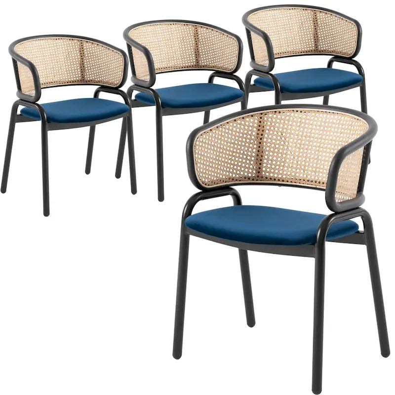 Moderner Esszimmerstuhl mit Rückenlehne aus Rattanimitat und gepolsterter Samtsitzfläche für Esszimmer und Küche, 4er-Set - 29.9
