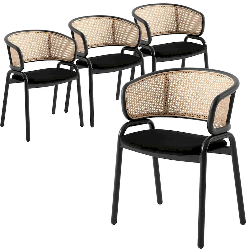 Moderner Esszimmerstuhl mit Rückenlehne aus Rattanimitat und gepolsterter Samtsitzfläche für Esszimmer und Küche, 4er-Set - 29.9