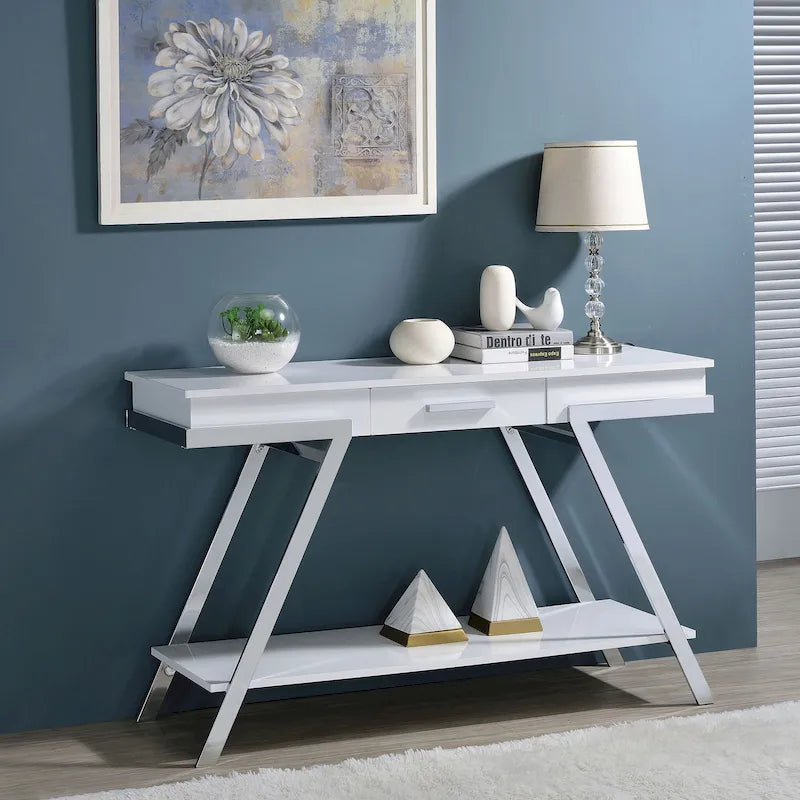 Moderner weißer 48-inch-Sofatisch aus Stahl mit 1 Schublade und Ablage von