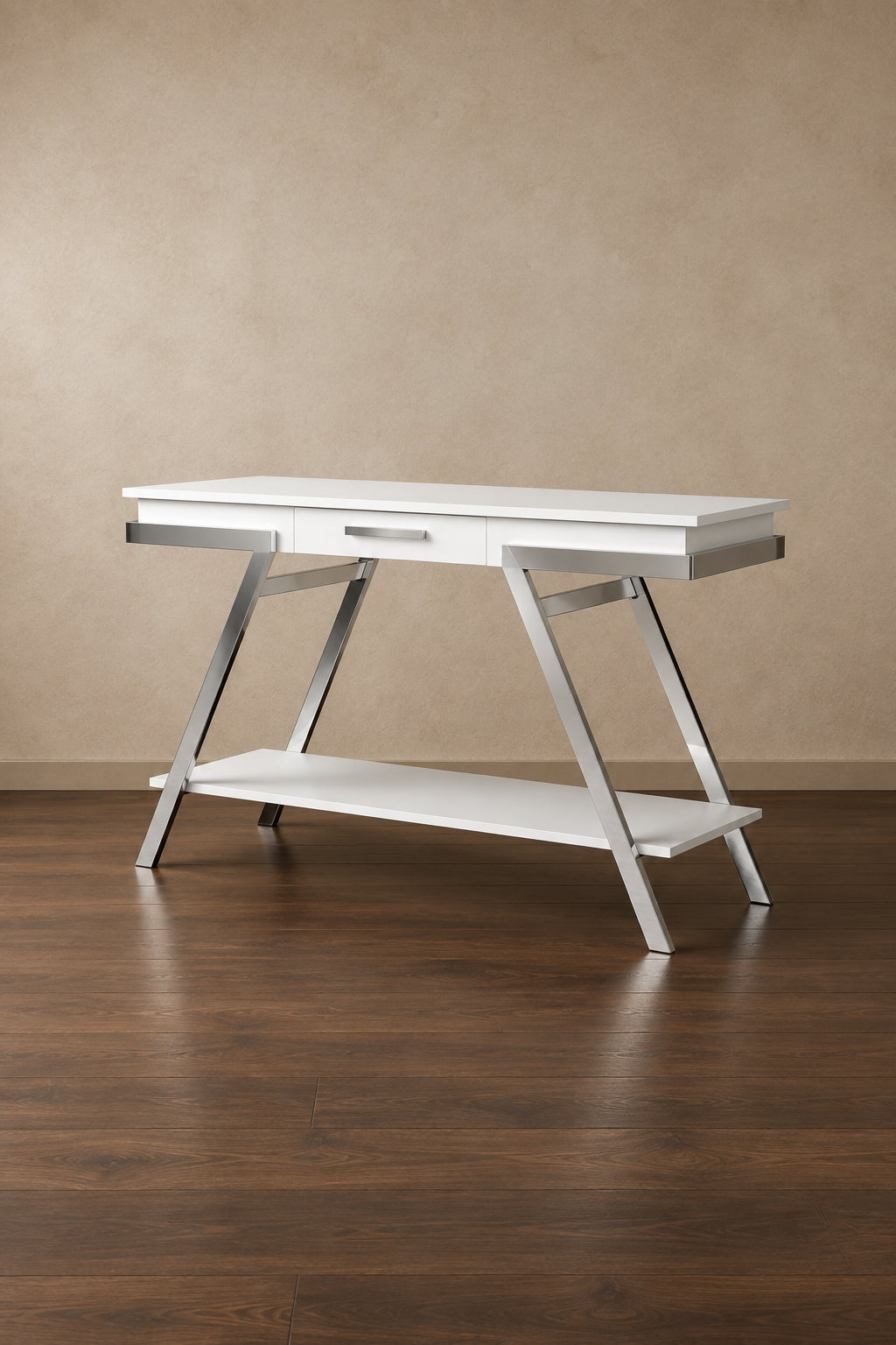 Moderner weißer 48-inch-Sofatisch aus Stahl mit 1 Schublade und Ablage von