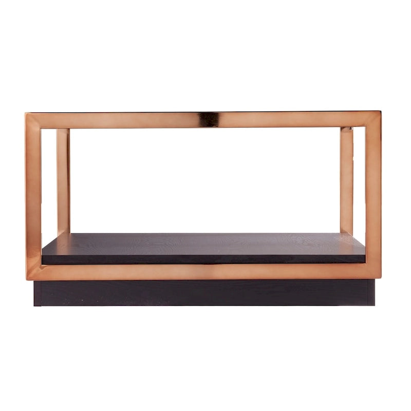 Transitional Square Metallic Coffee Table with Glass Top and Wood Base Shelf