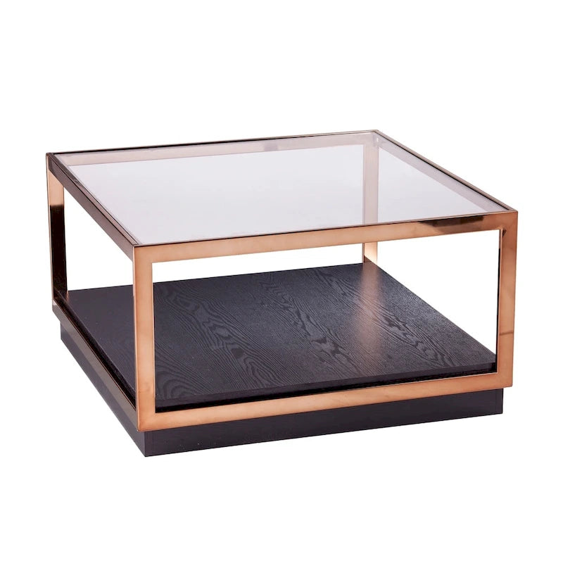 Transitional Square Metallic Coffee Table with Glass Top and Wood Base Shelf
