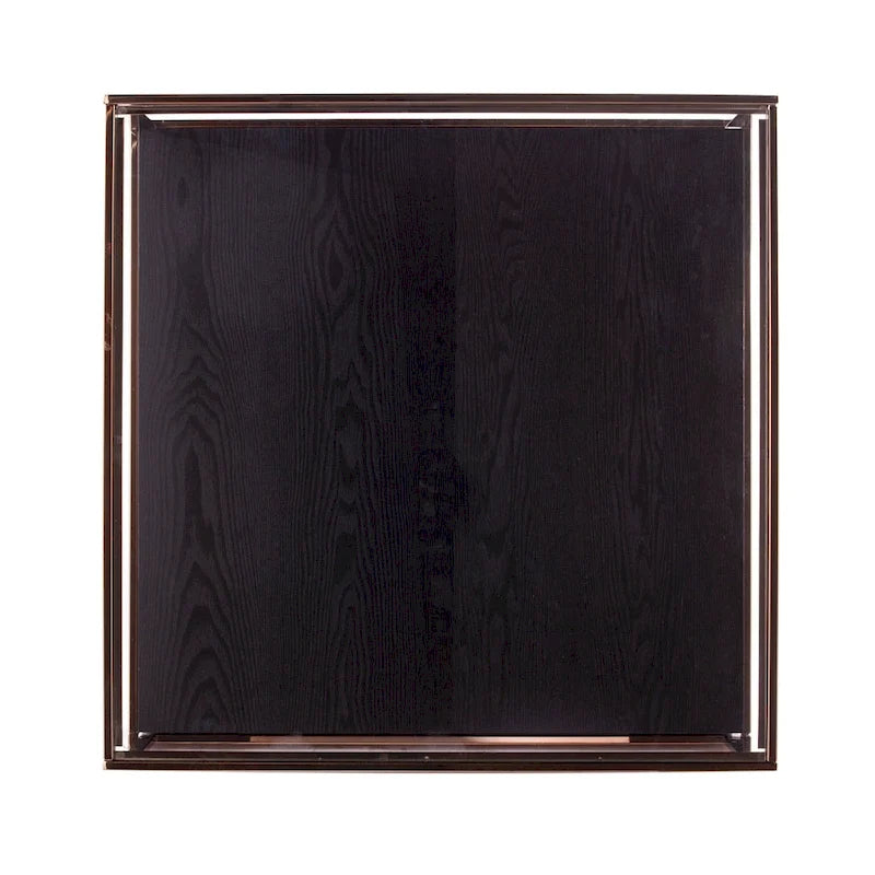 Transitional Square Metallic Coffee Table with Glass Top and Wood Base Shelf