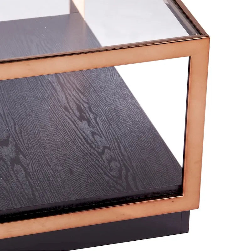 Transitional Square Metallic Coffee Table with Glass Top and Wood Base Shelf