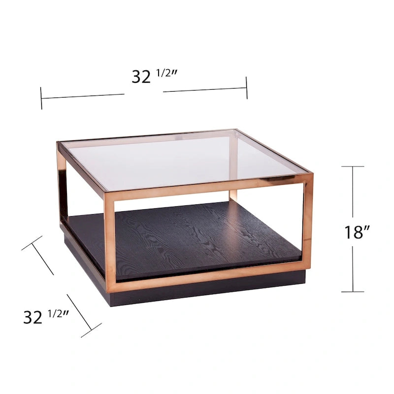 Transitional Square Metallic Coffee Table with Glass Top and Wood Base Shelf