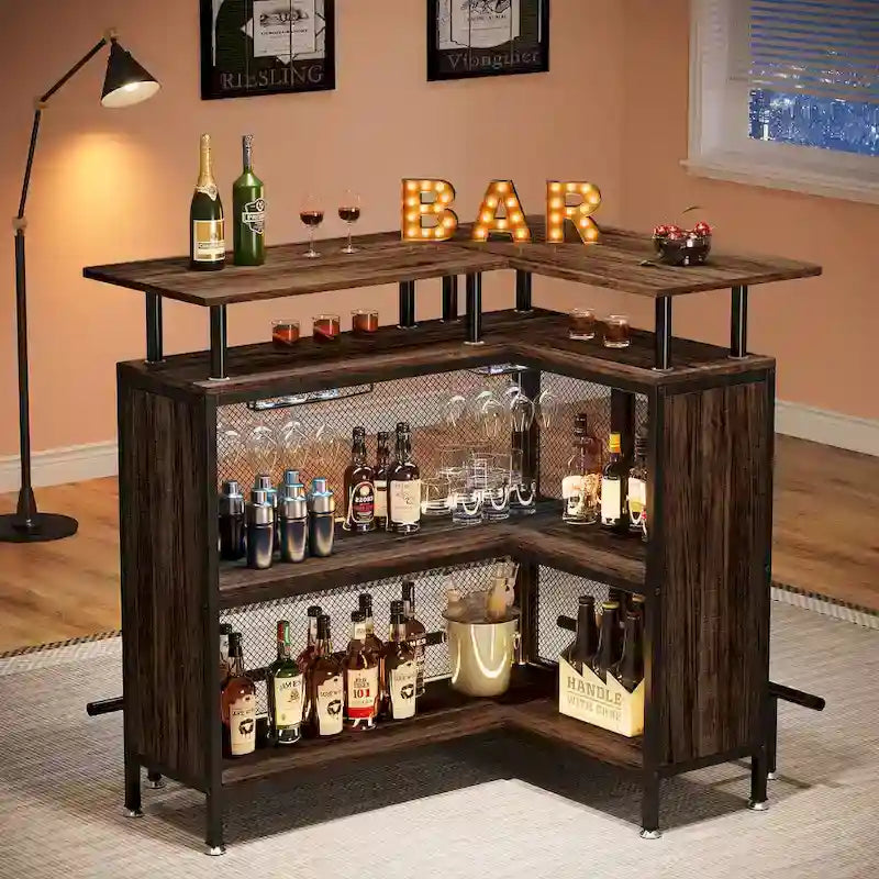 L-förmige Hausbar, Spirituosen-Bartisch mit 2-stufigem Stauraum - N/A