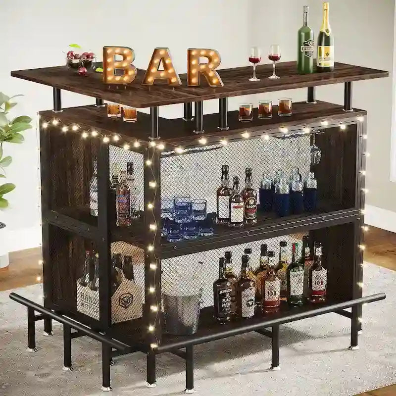 L-förmige Hausbar, Spirituosen-Bartisch mit 2-stufigem Stauraum - N/A