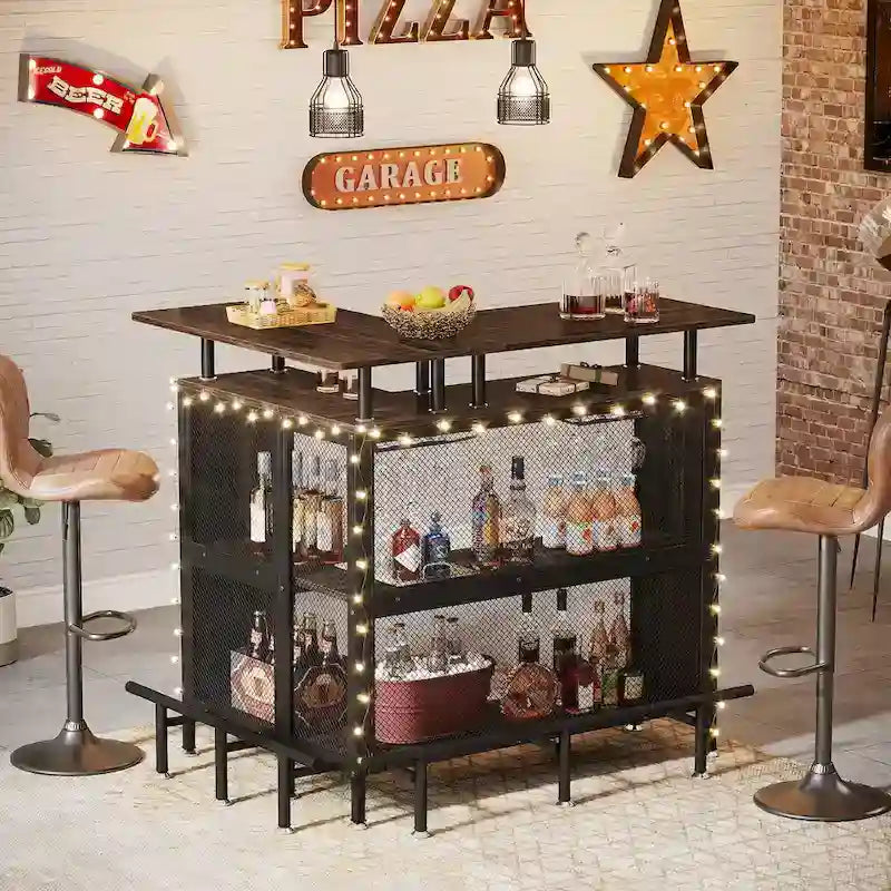 L-förmige Hausbar, Spirituosen-Bartisch mit 2-stufigem Stauraum - N/A