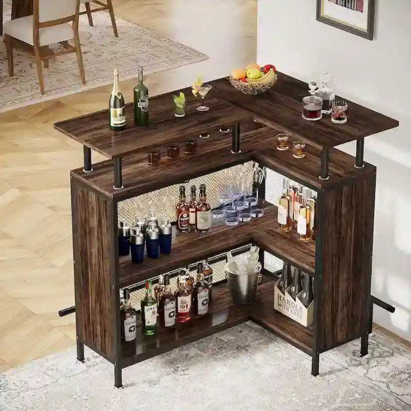 L-förmige Hausbar, Spirituosen-Bartisch mit 2-stufigem Stauraum - N/A